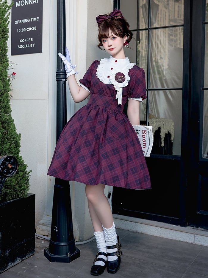Wine Red Plaid Pattern Dress Puff Sleeves One Piece