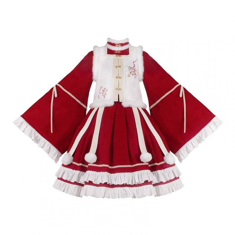 New Year Red and White Plush High Neck Ruffle Hemline Long Sleeves One Piece