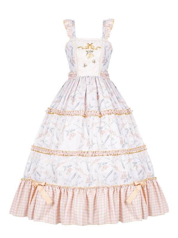 Light Orange Floral Print Jumper Skirt Plaid Pattern Hemline