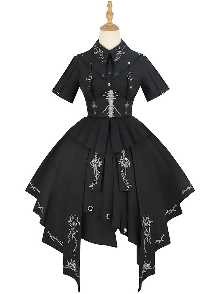 Thorns of Fog Color Black Cross and Thorns Embroidery Military Lolita OP