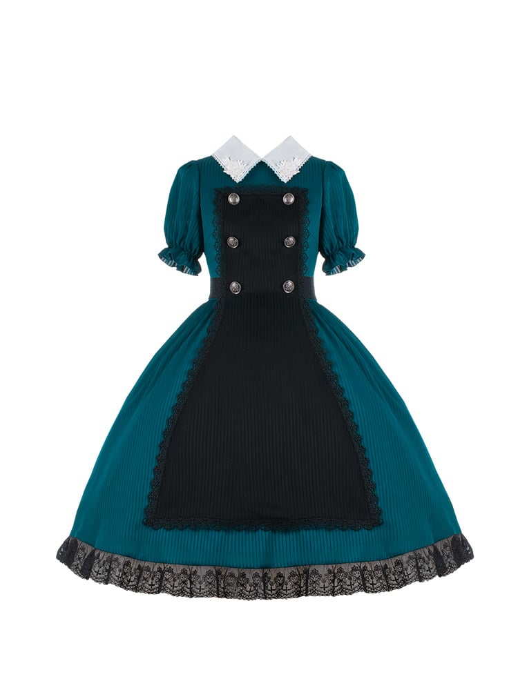 White Rose Applique Collar Peacock Blue Puff Sleeves One Piece