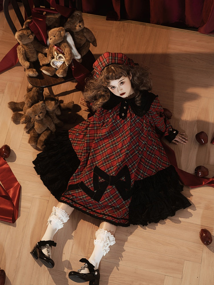 Star of Freedom and Courage Red Plaid Pattern Peter Pan Collor Long Sleeves One Piece