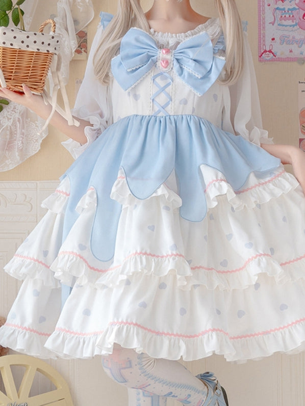 White Peach Mousse Bowknot Details High Waist Tiered Skirt and Ruffle Trim Jumper Skirt