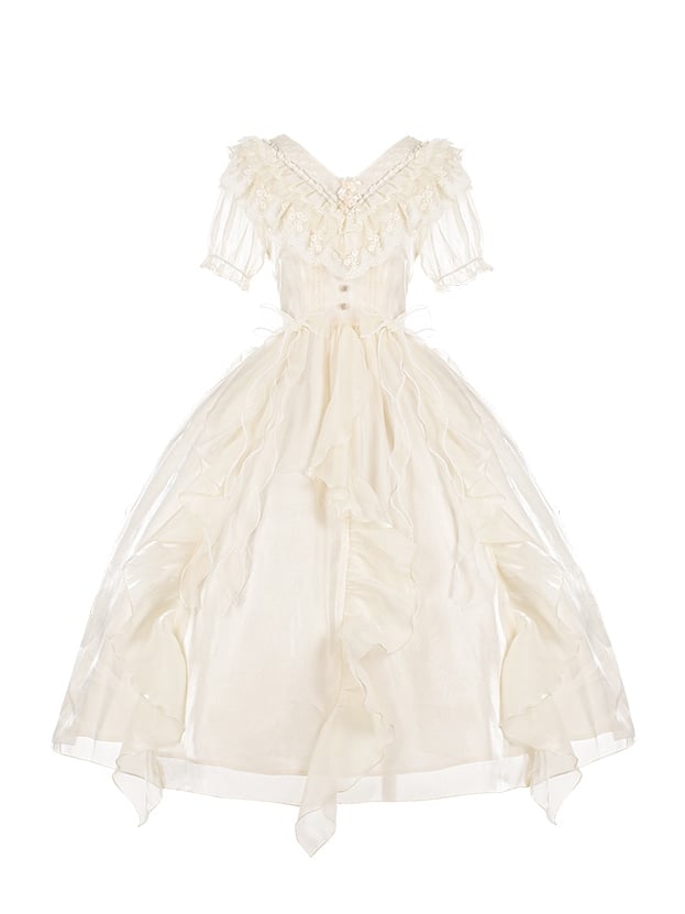 Ruffles V-neck Dress Beige Cascading Ruffle Trim One Piece