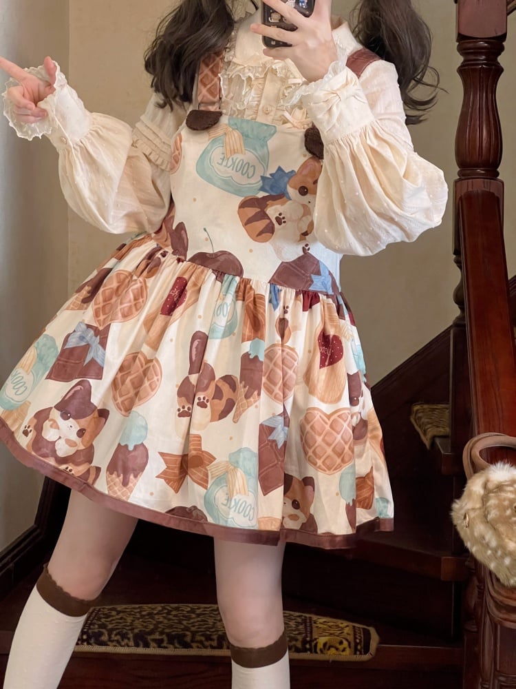 Muffin Kitten Series Dessert and Cat Print Sweet Overall Dress