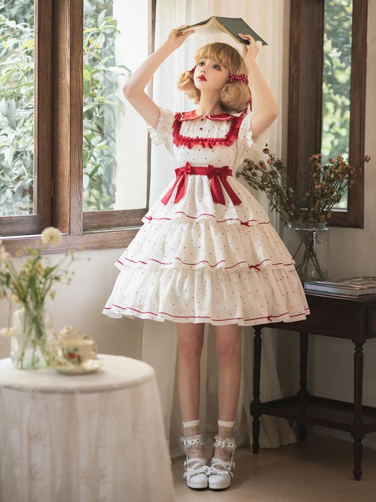 In Stock Bowknot Details Polka-dot Print Tiered Ruffle Hem Short Sleeves One Piece