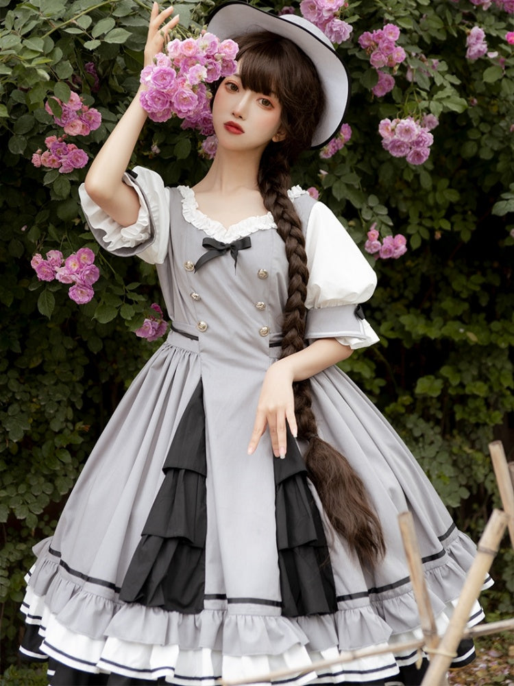 In Stock Black White Gray Tiered Ruffle Hemline Short Sleeves Lolita OP