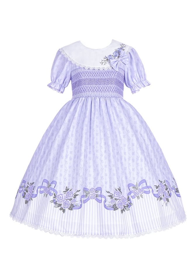 Purple Rose Embroidery Flat Collar Striped Hemline One Piece