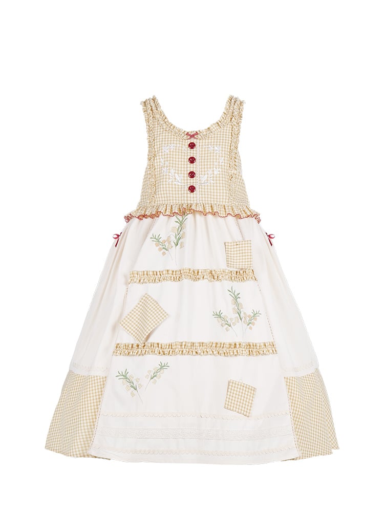 Light Yellow Plaid Pattern Jumper Skirt Lily of the Valley Embroidery