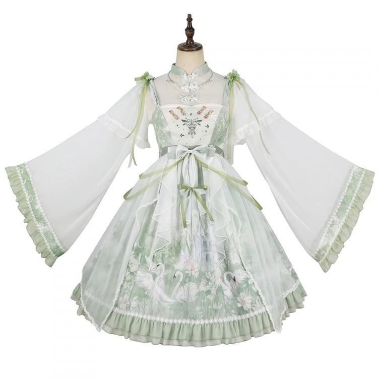 Swan Castle Print Green Qi Style Jumper Skirt/Full Set Embroidery Ruffle Hem