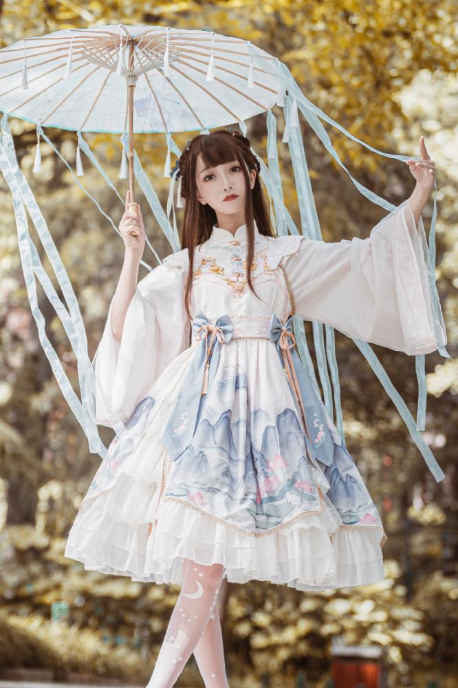 Chinoiserie Mountains-and-waters Painting Print Long Sleeves Lolita OP