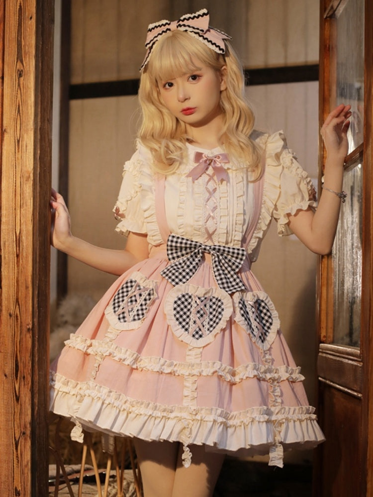 Plaid Heart-shaped Patches Pink Skirt