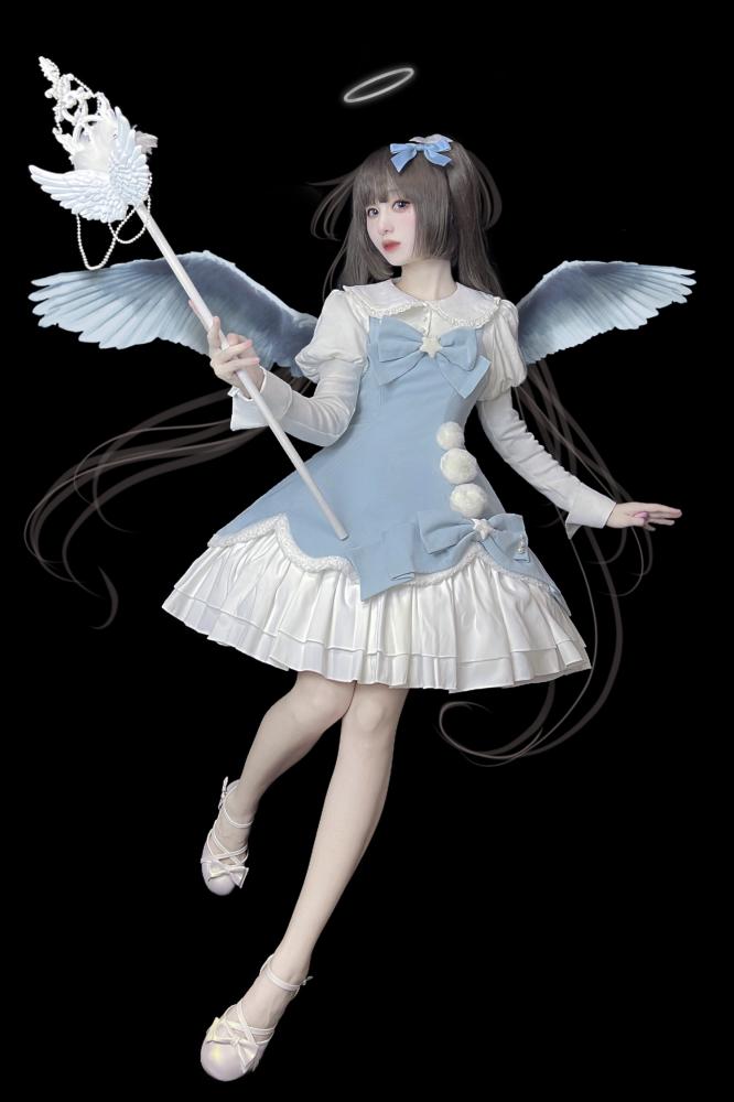 Winter Fairy Tale White and Blue Pompons Bowknot Details Jumper Skirt