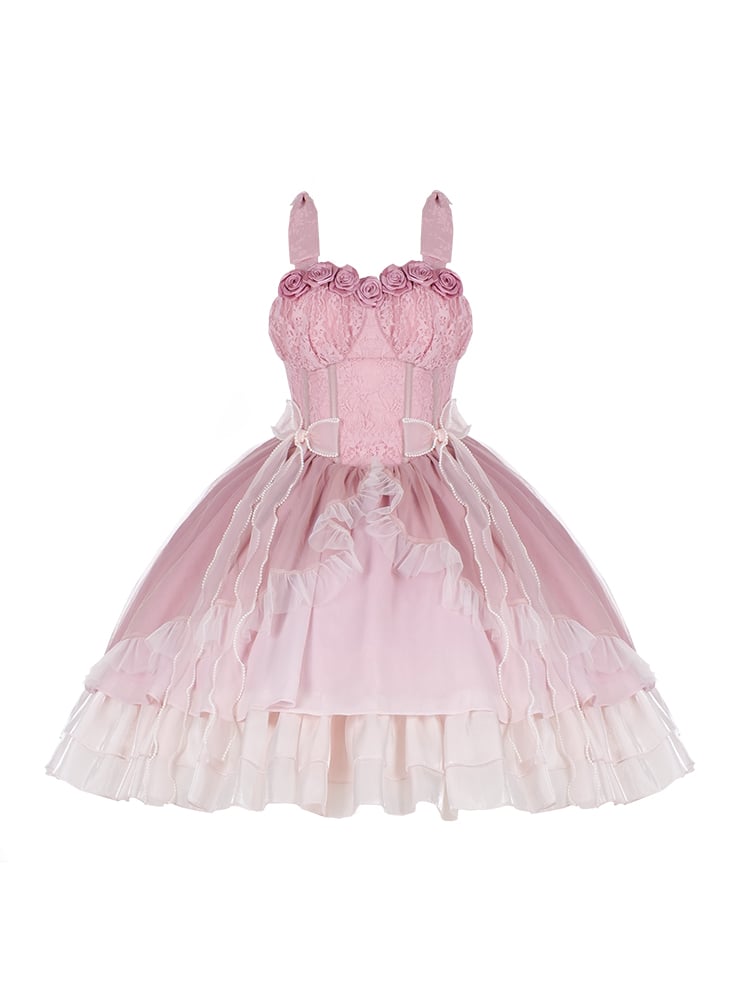 Pink Roses Neckline Vintage Corset Waist Dress
