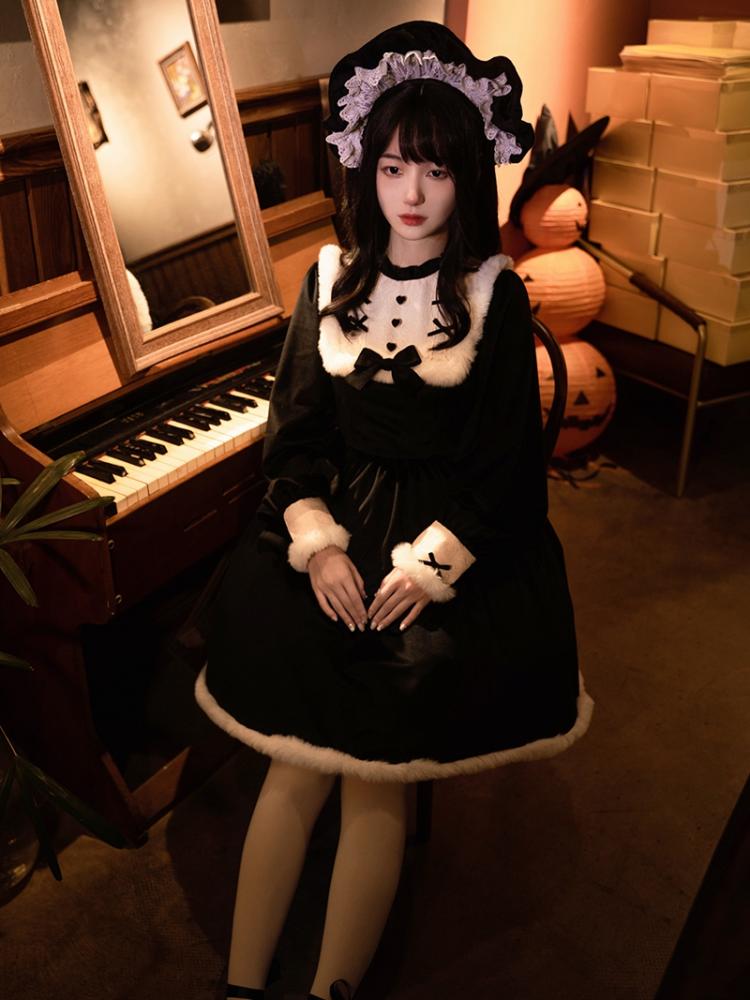 Humanoid Time Color Black Ruffle Round Neckline Plush Hemline Velvet Long Sleeves One Piece