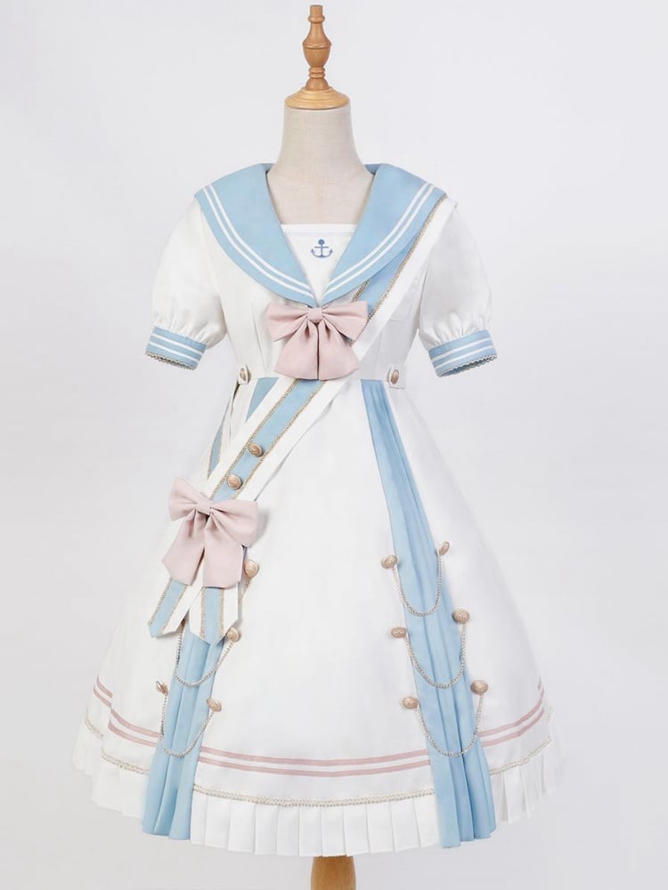 Sea Breeze Light Blue Sailor Collar One Piece High Waist Sweet Dress with Bow Tie and Ribbon