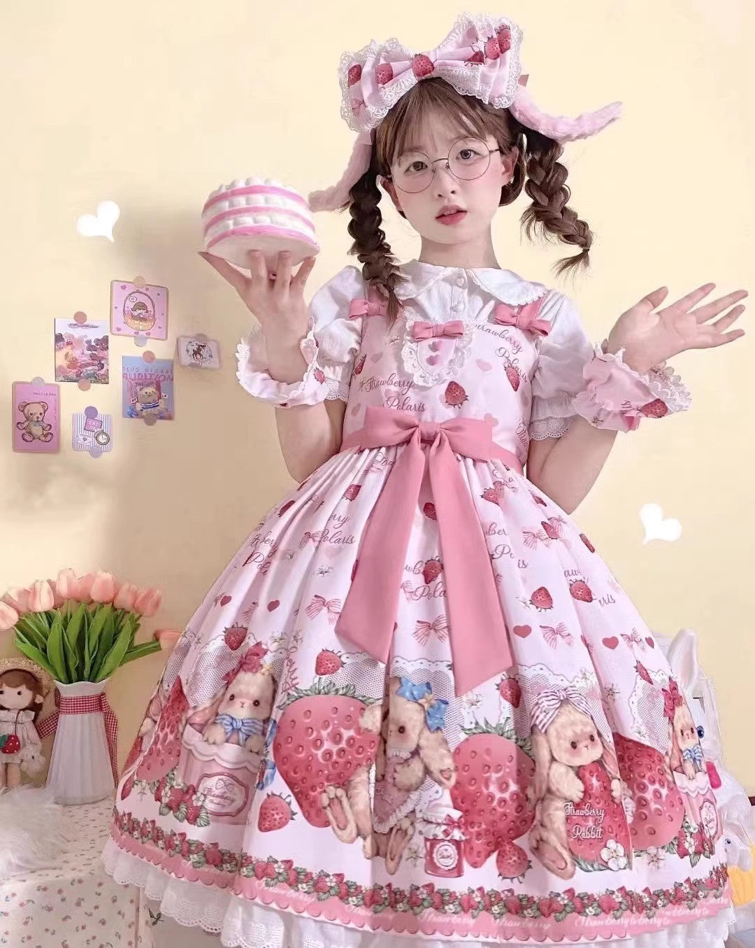 Pink Lolita Dress With Rabbit and Strawberry Print