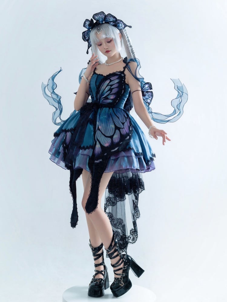 Butterfly Jumper Skirt Full Set Gothic Princess Dress with Butterfly Train