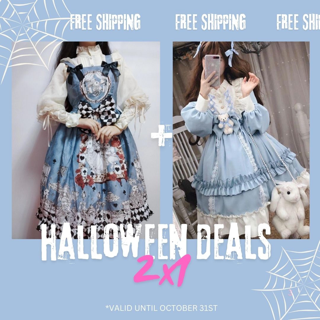 Alice in Wonderland Long Sleeve Dress with Bow + Charm Blue Lolita Dress with White Ruffles and Teddy Detail