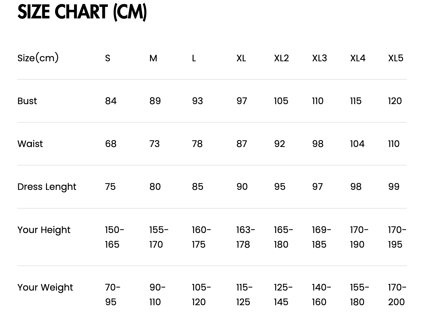 Size Chart For short maid cosplay dress
