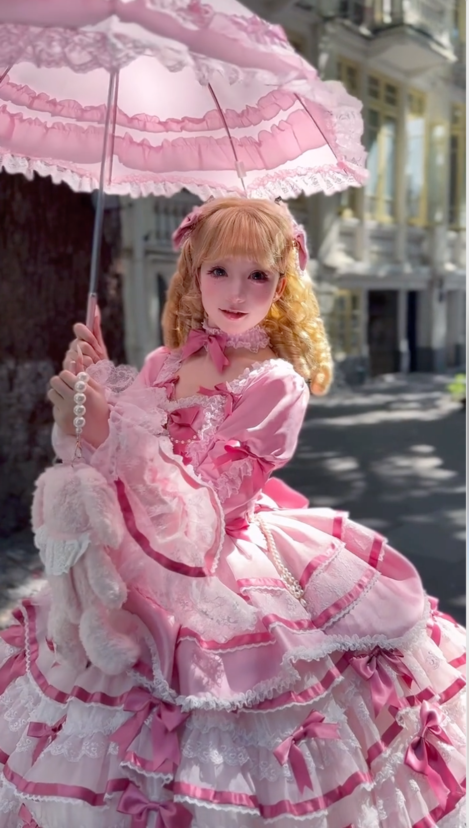 Doll-Like Elegance, Pink, White, and Fuchsia Lolita Dress with Removable Sleeves and Matching Bonnet