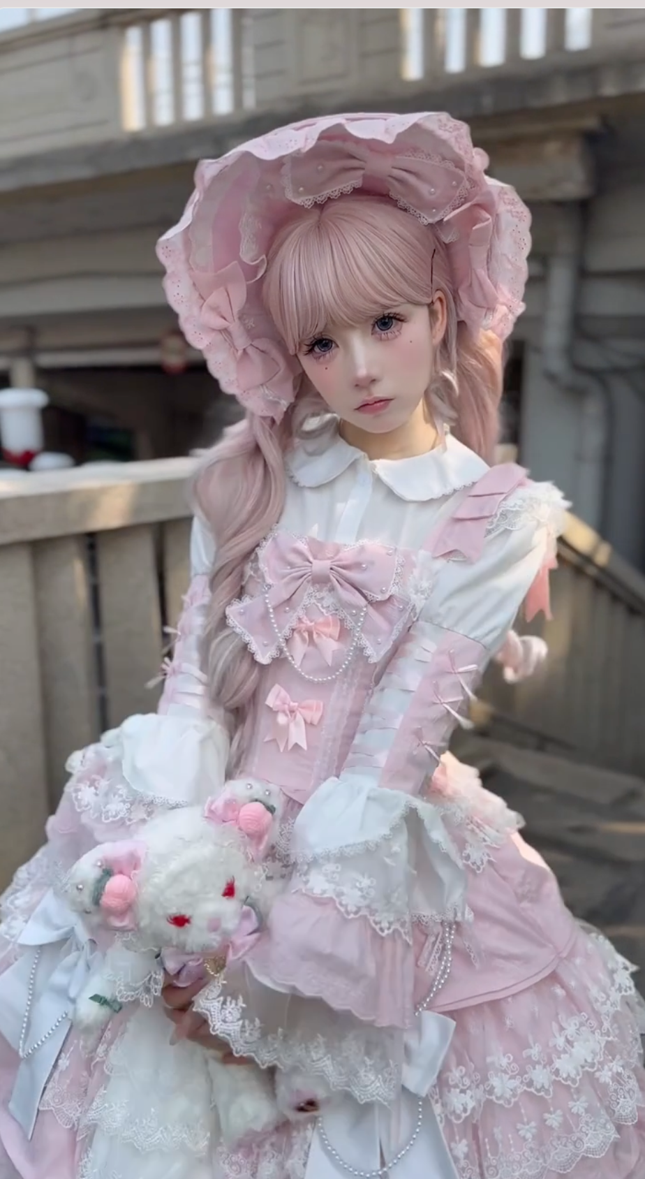 Elegant Pink Lolita Dress with White Blouse & Matching Bonnet