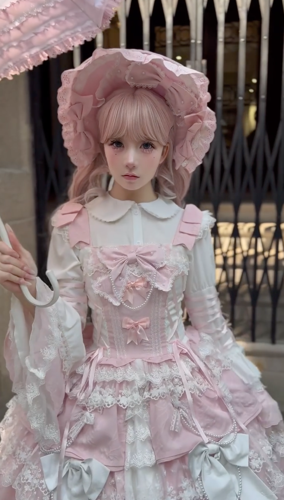 Elegant Pink Lolita Dress with White Blouse & Matching Bonnet