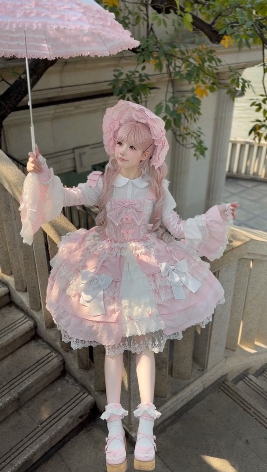 Elegant Pink Lolita Dress with White Blouse & Matching Bonnet