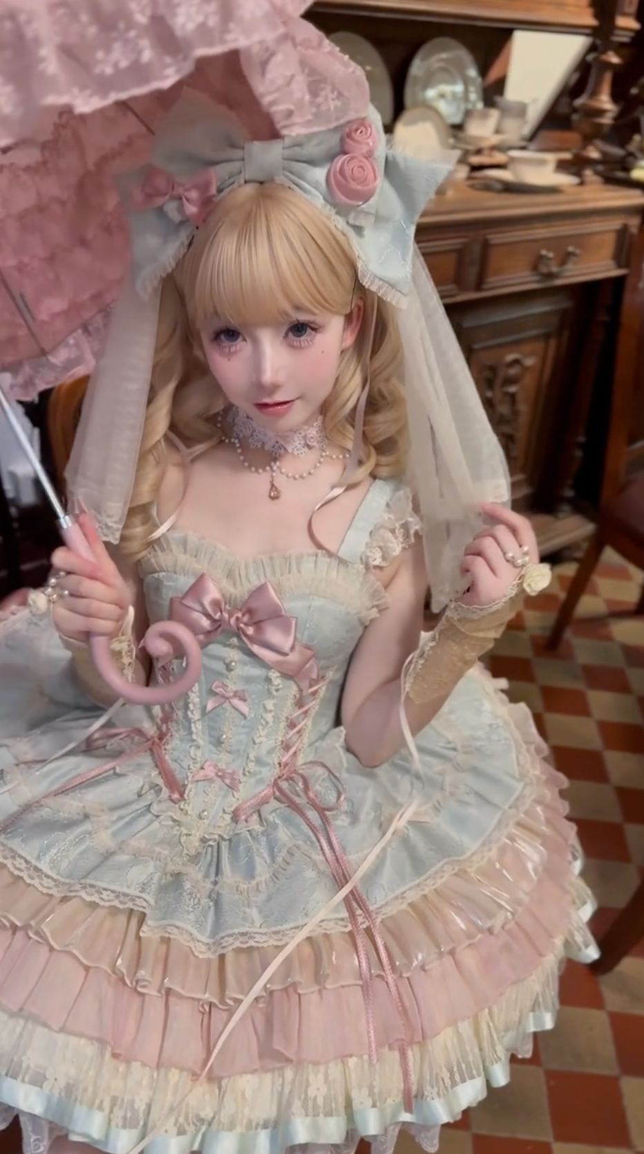 Pastel Reverie Rococo JSK Dress (Mint Blue + Blush Pink)