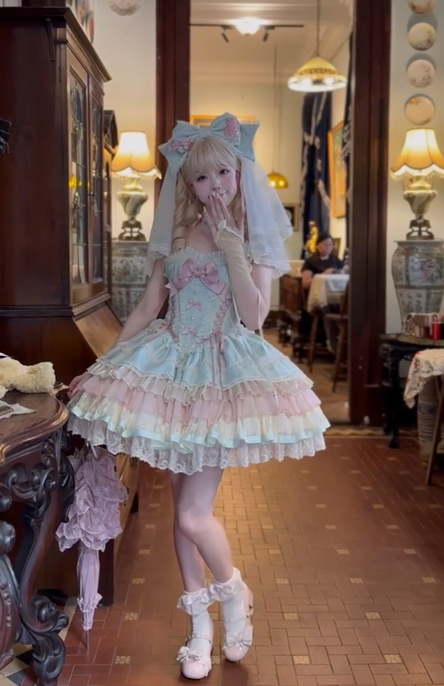 Pastel Reverie Rococo JSK Dress (Mint Blue + Blush Pink)