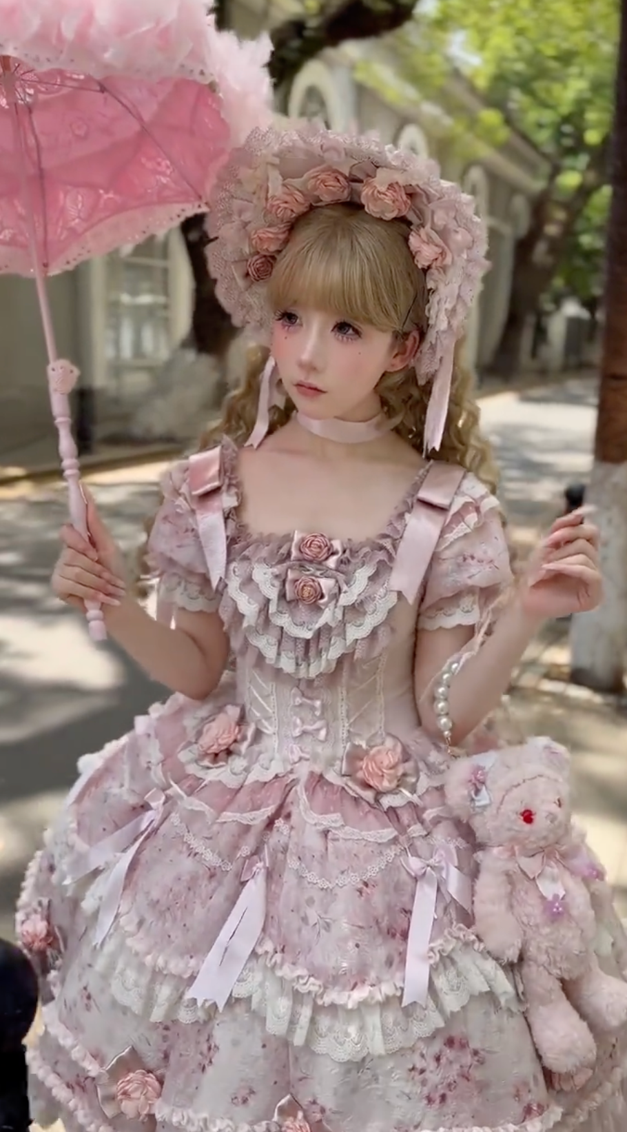 Rose Manor Garden JSK set (Dusty Rose & Ivory) with Bonnet
