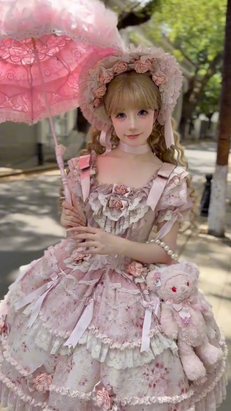 Rose Manor Garden JSK set (Dusty Rose & Ivory) with Bonnet