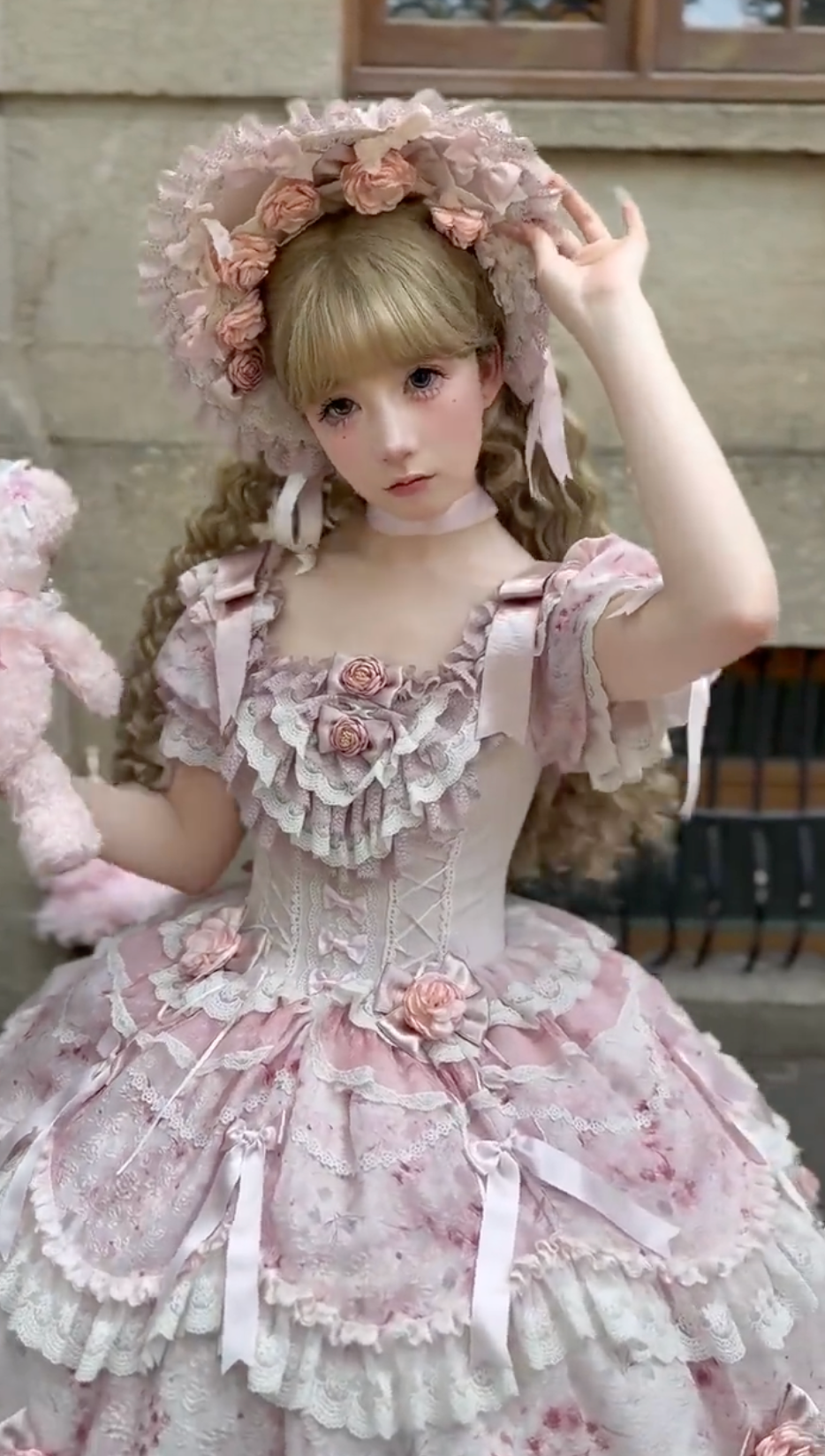 Rose Manor Garden JSK set (Dusty Rose & Ivory) with Bonnet