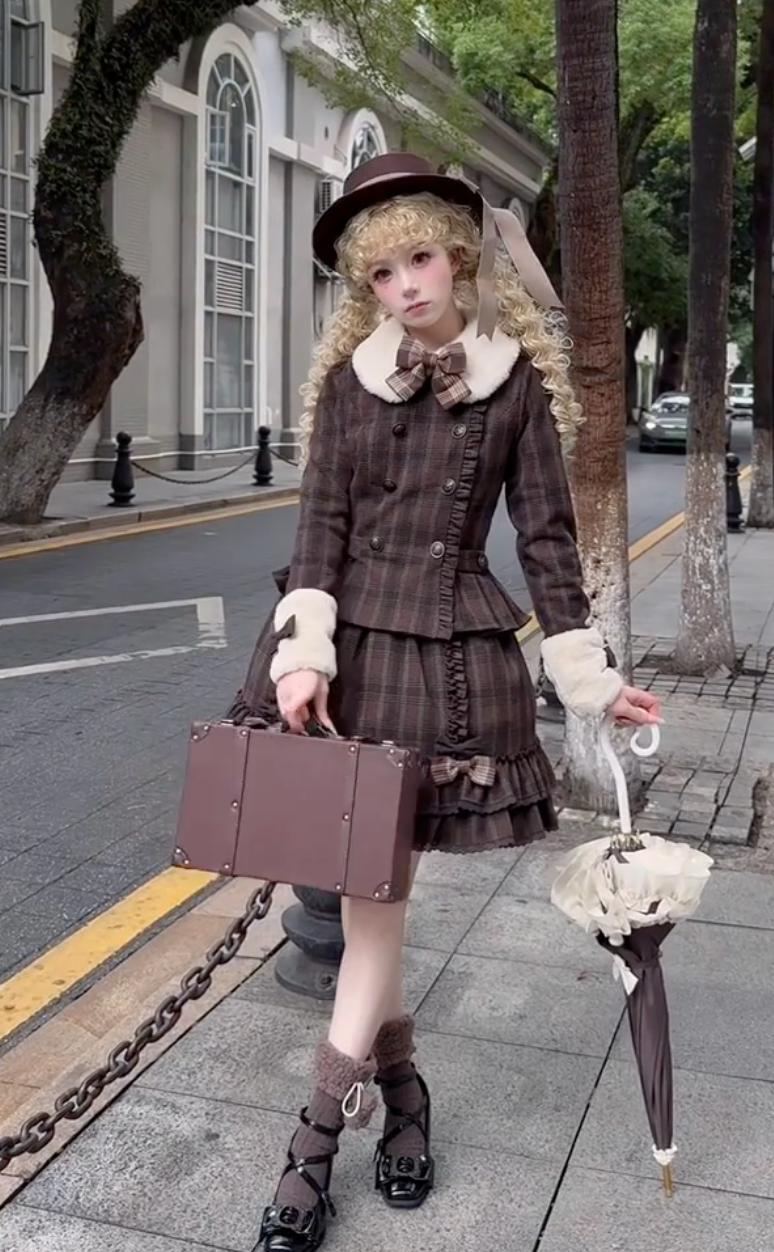 Victorian Chocolate Doll Ensemble (Brown Plaid & Cream)