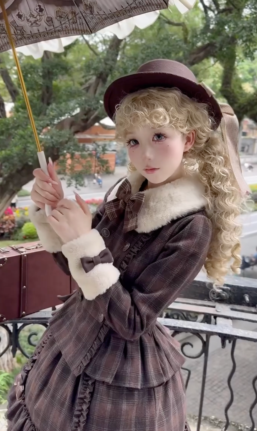 Victorian Chocolate Doll Ensemble (Brown Plaid & Cream)