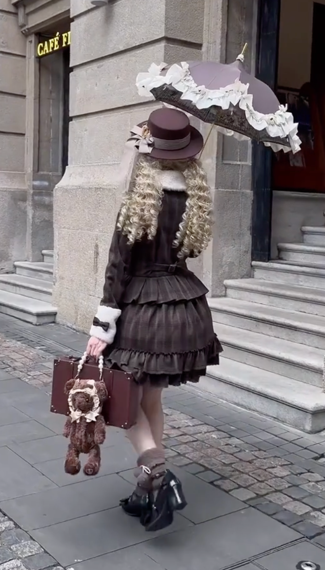Victorian Chocolate Doll Ensemble (Brown Plaid & Cream)