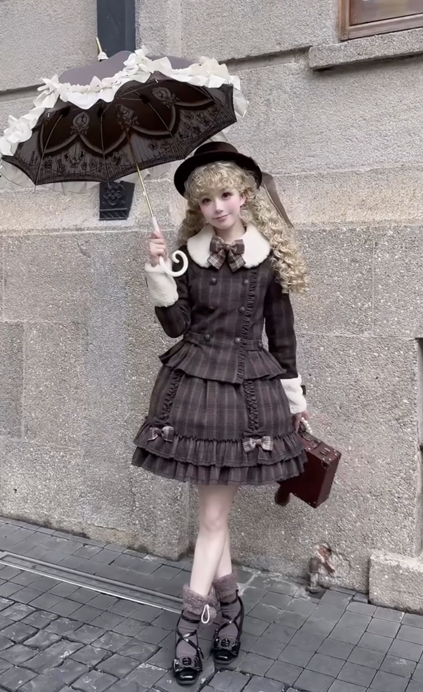 Victorian Chocolate Doll Ensemble (Brown Plaid & Cream)