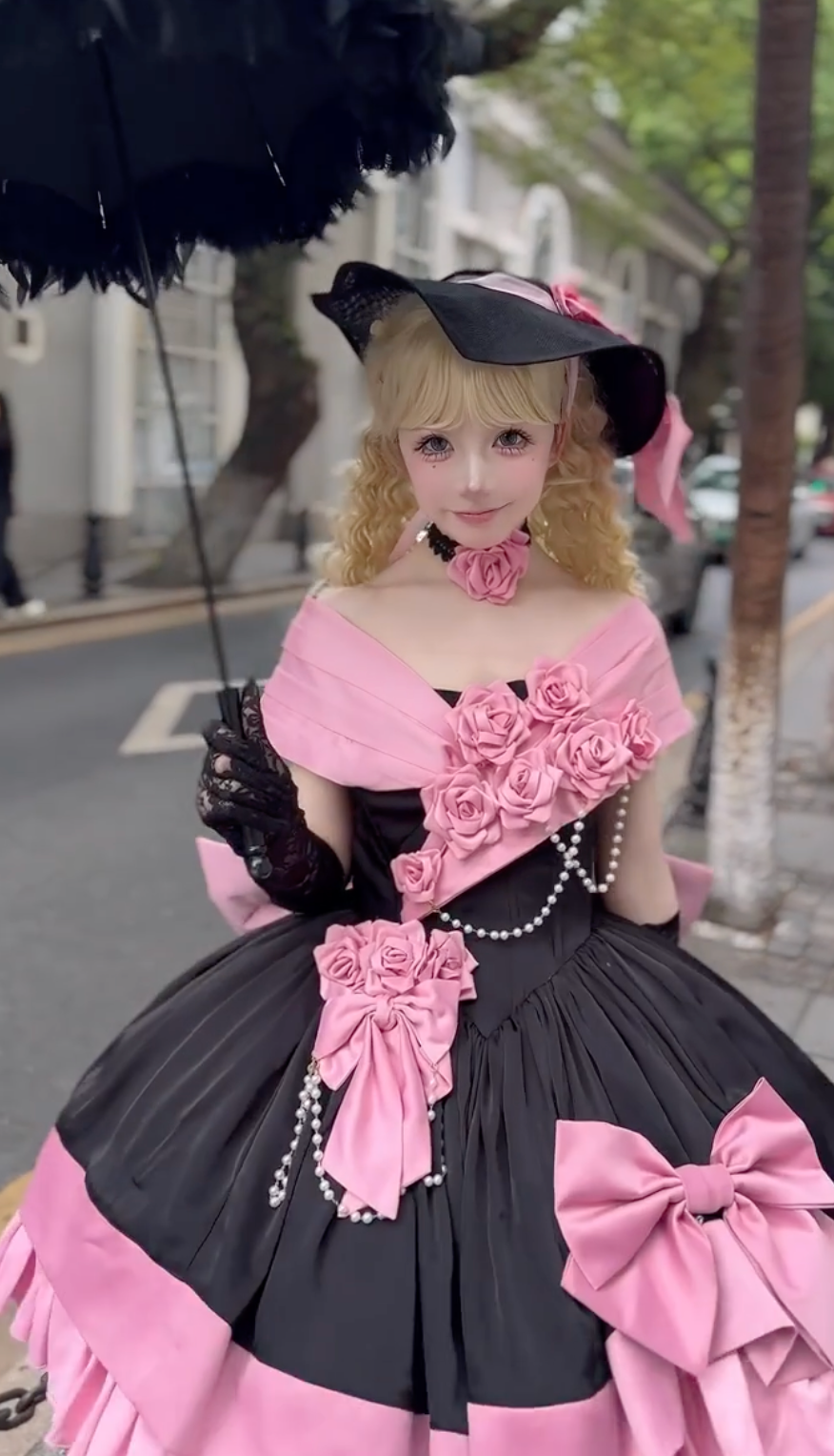 Midnight Rose Masquerade Ball Gown (Black & Pink)