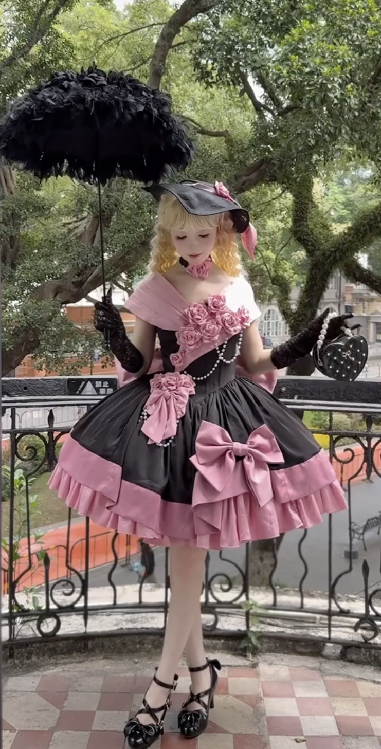 Midnight Rose Masquerade Ball Gown (Black & Pink)