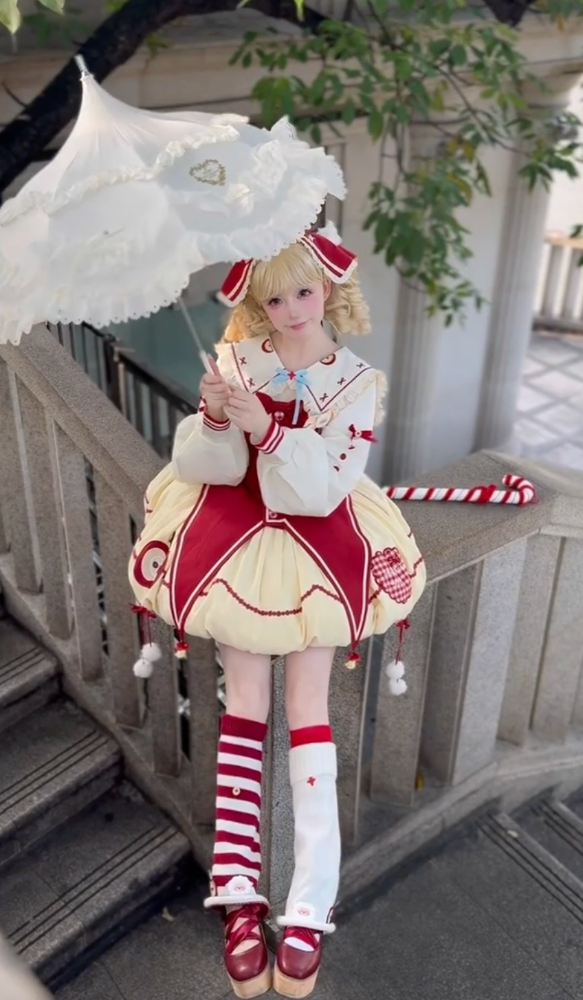 Candy Apple Sailor Puff Dress (Red & Cream)