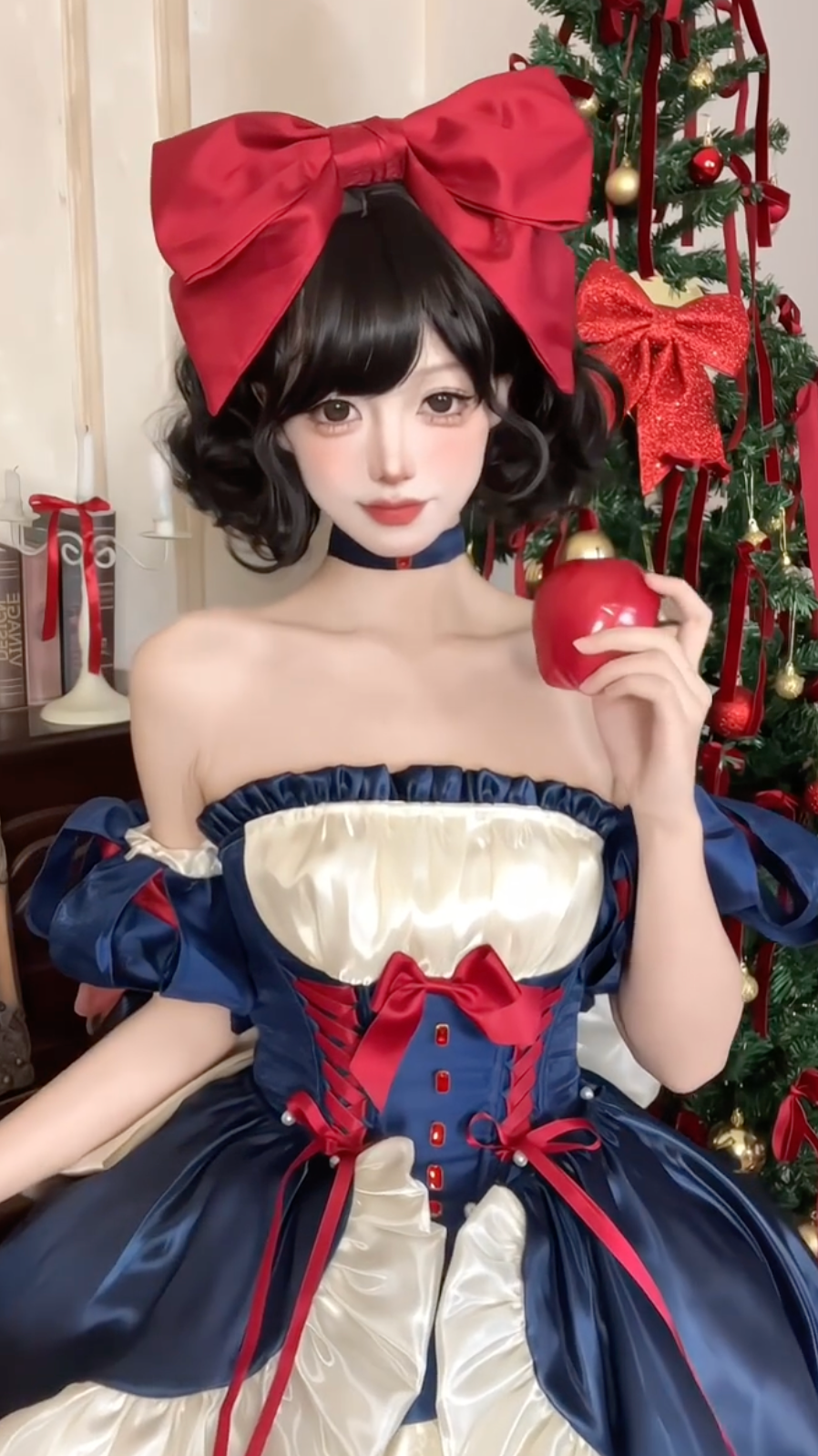 Crimson Apple Doll JSK Set – Classic Fairytale Elegance in Navy Blue, Ivory & Red