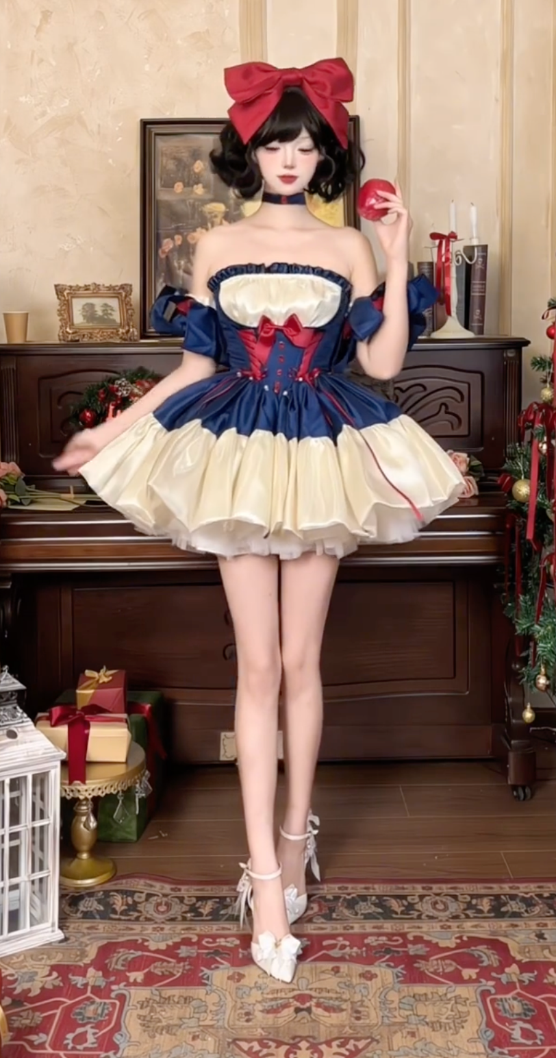 Crimson Apple Doll JSK Set – Classic Fairytale Elegance in Navy Blue, Ivory & Red