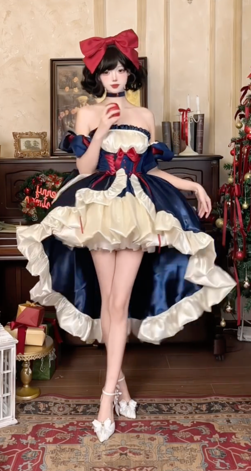 Crimson Apple Doll JSK Set – Classic Fairytale Elegance in Navy Blue, Ivory & Red