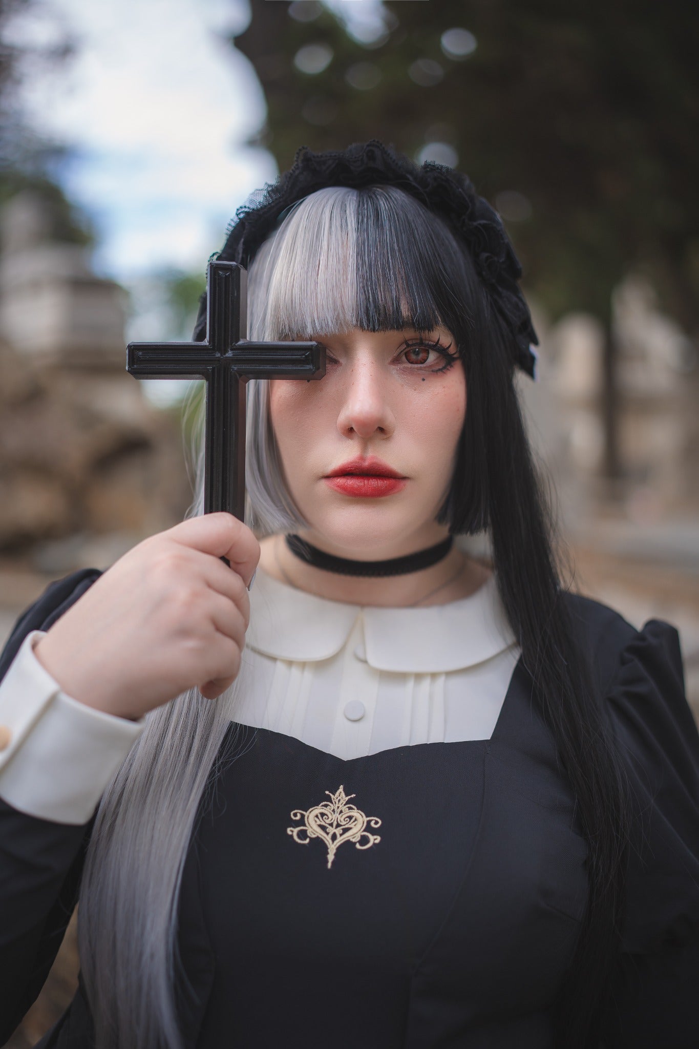 Two-Tone Gothic Split-Color Straight Synthetic Wig