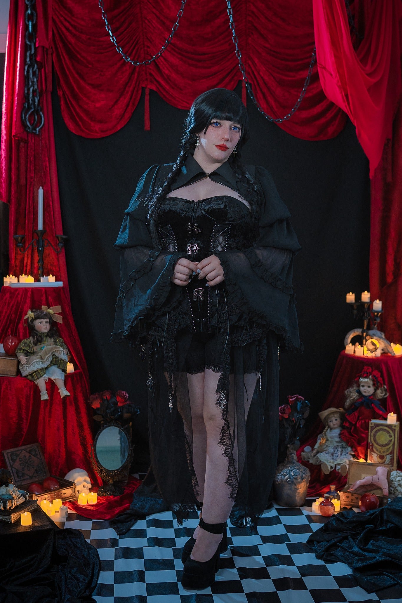 Black Long Braided Synthetic Wig with Full Bangs