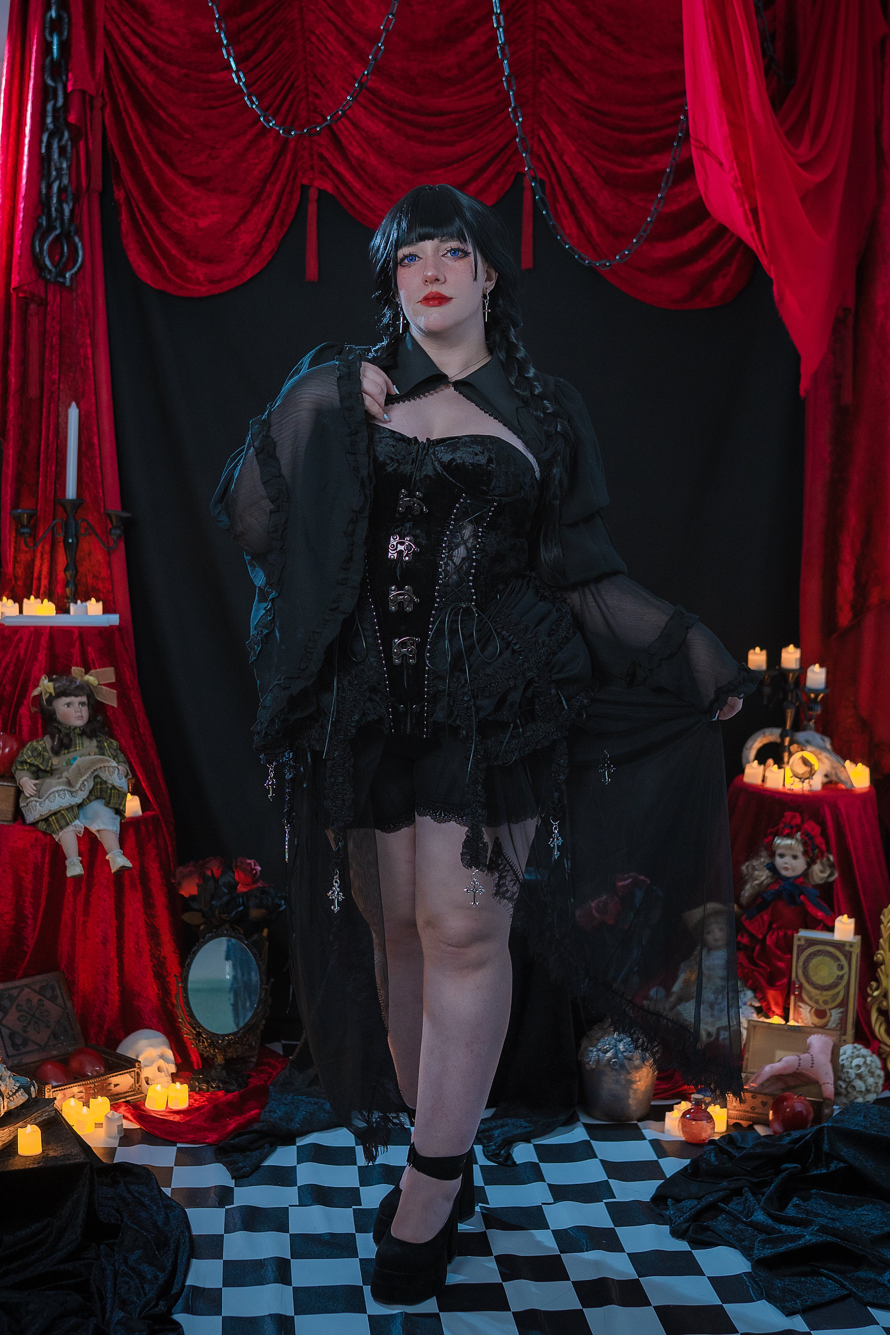 Obsidian Widow Gothic Shroud & Velvet Corset Set (Black)