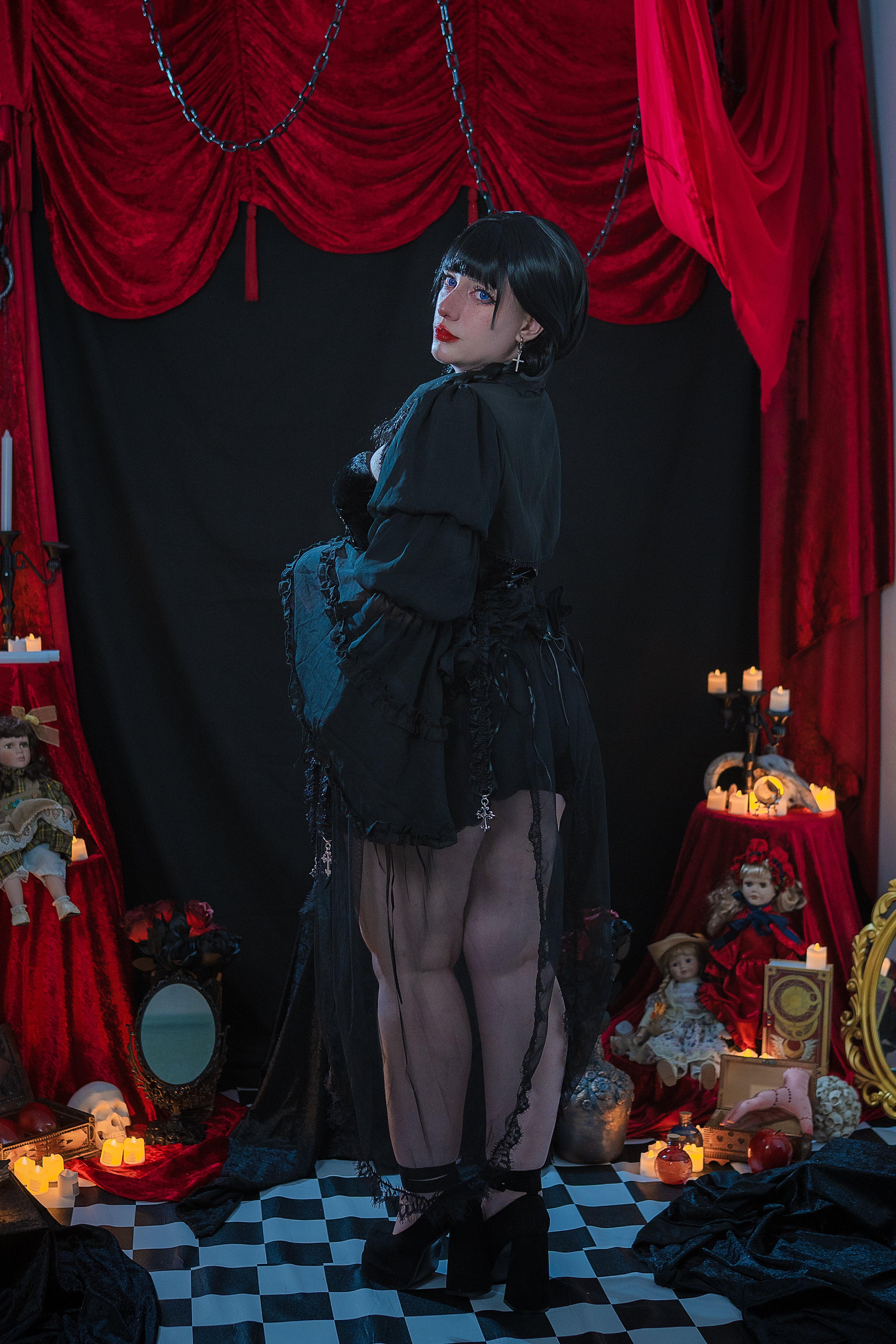 Obsidian Widow Gothic Shroud & Velvet Corset Set (Black)