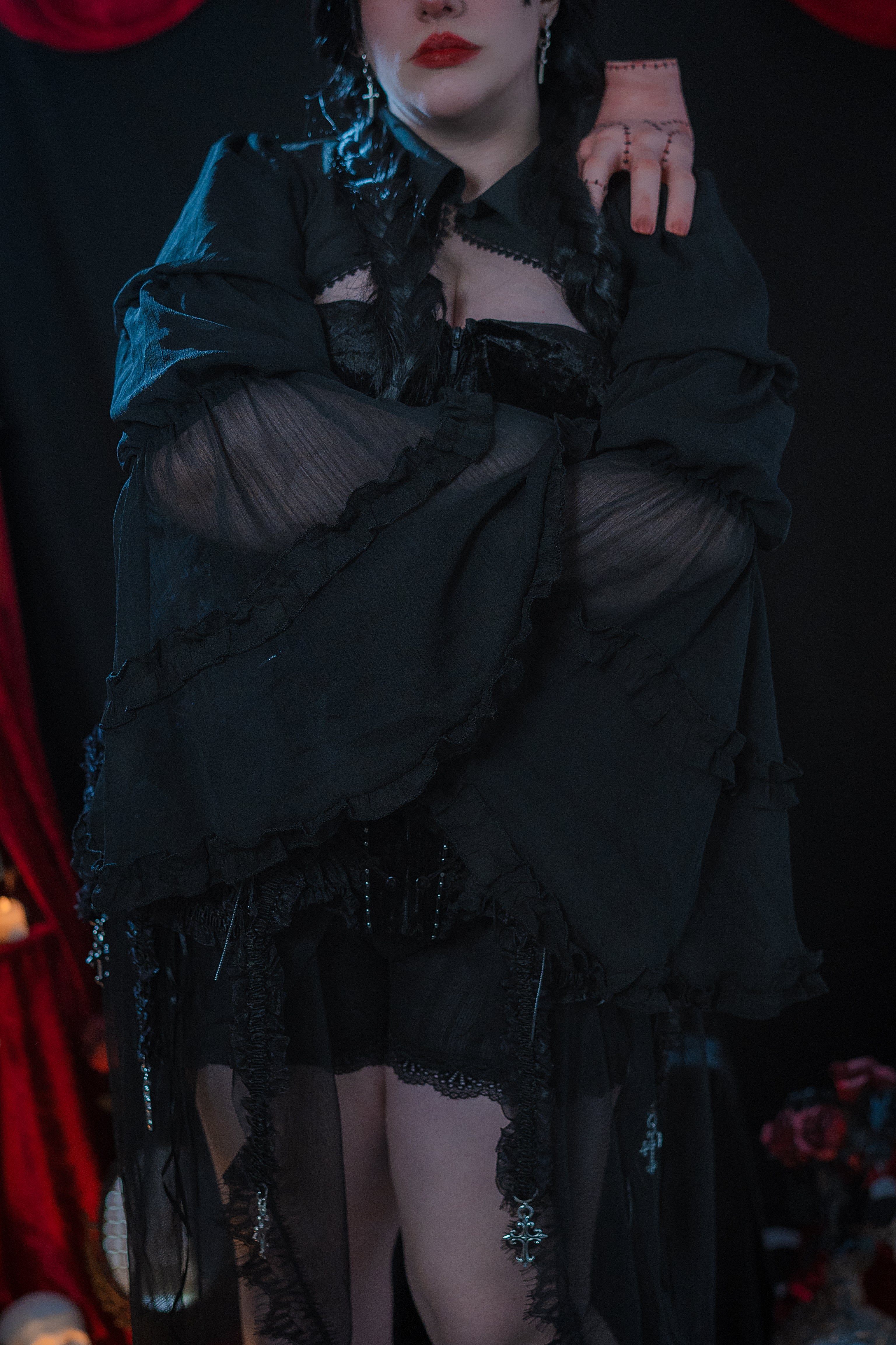 Obsidian Widow Gothic Shroud & Velvet Corset Set (Black)