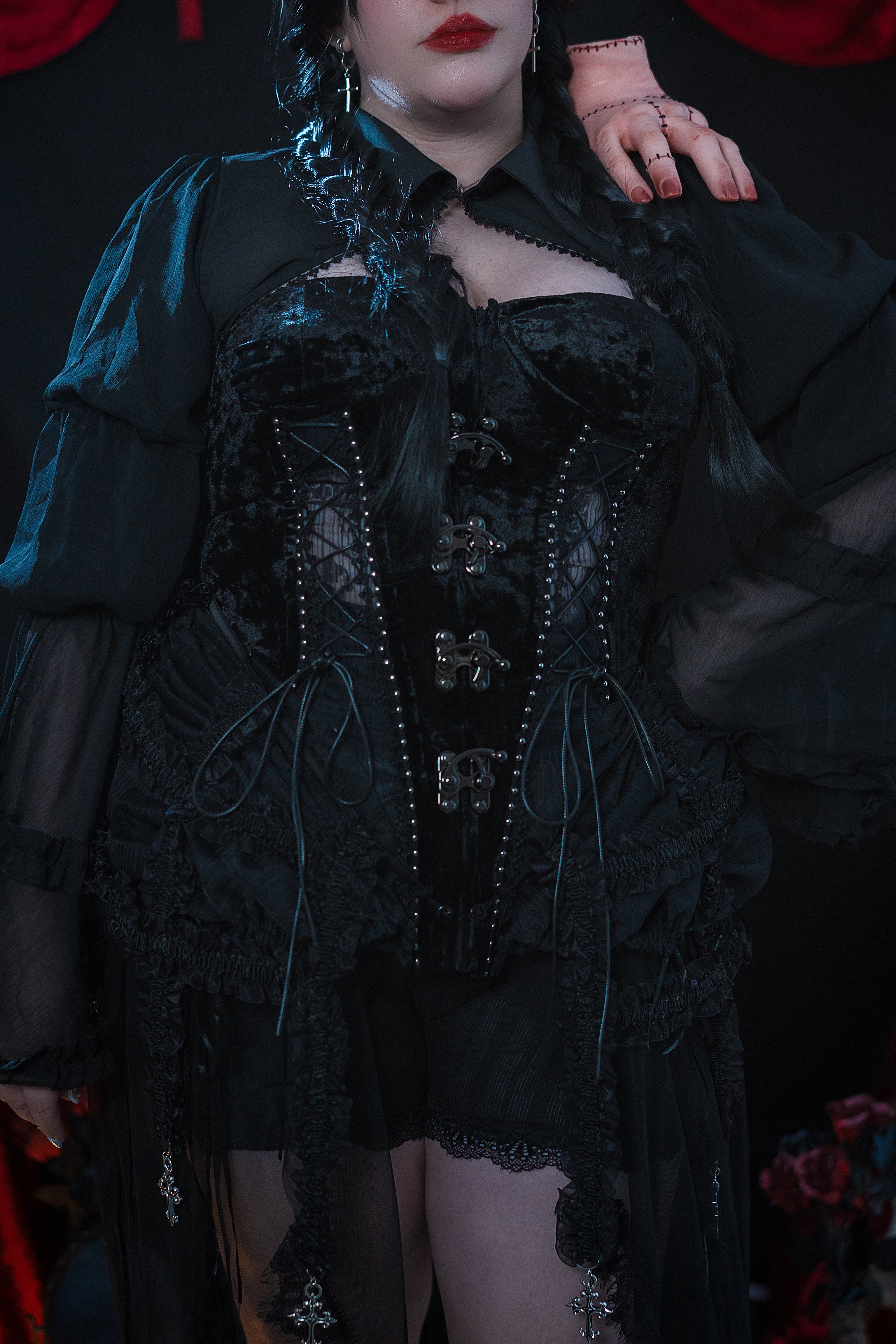 Obsidian Widow Gothic Shroud & Velvet Corset Set (Black)