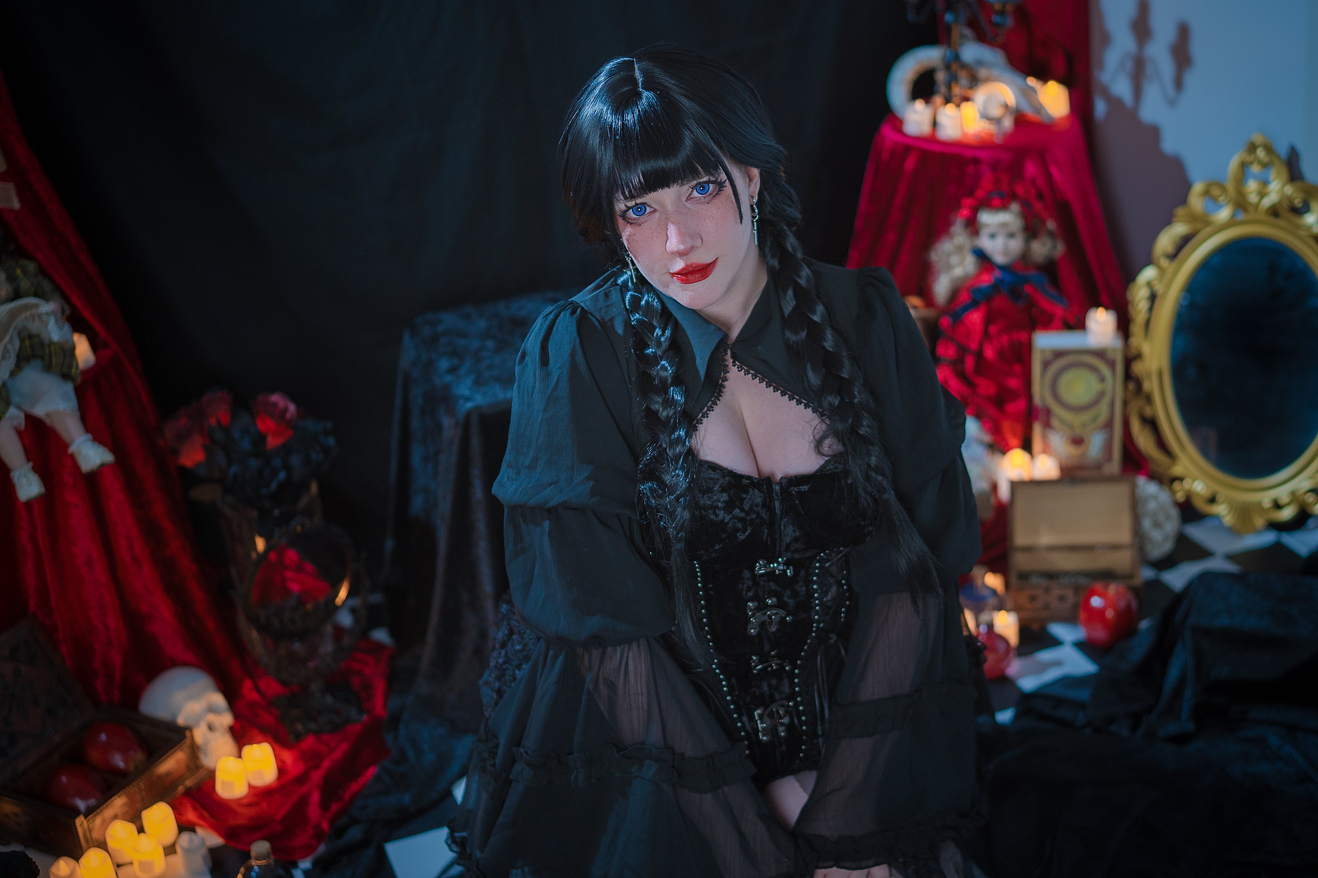 Obsidian Widow Gothic Shroud & Velvet Corset Set (Black)